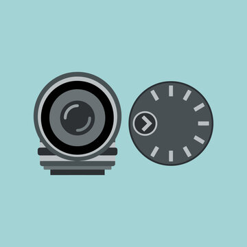 Minimalist flat illustration of a camera lens and control dial