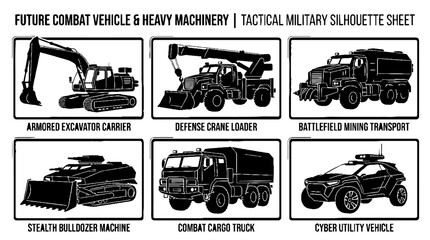 Obraz premium Tactical Military Silhouette Sheet Featuring Future Combat Vehicles and Heavy Machinery.