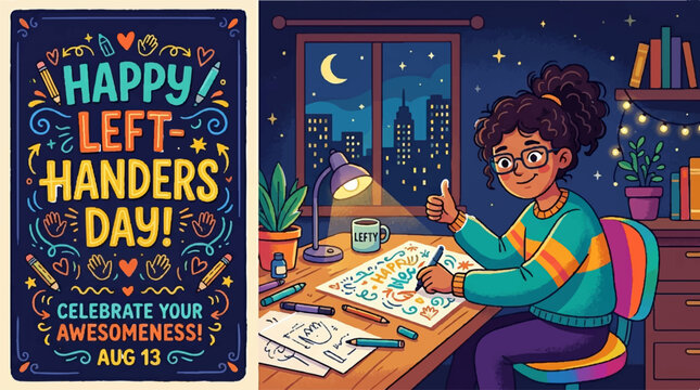 Happy Left Handers Day, celebrating left-handed people, illustration, vector graphic, colorful poster