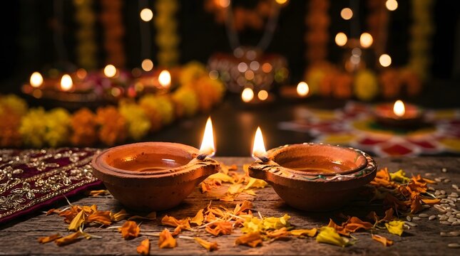 Happy diwali deepavali celebration with traditional clay diyas and floral decorations
