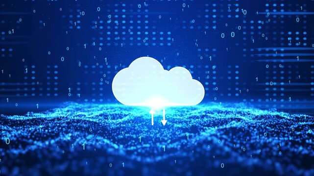 Cloud computing data transfer concept with glowing cloud icon and upload download arrows over binary code.