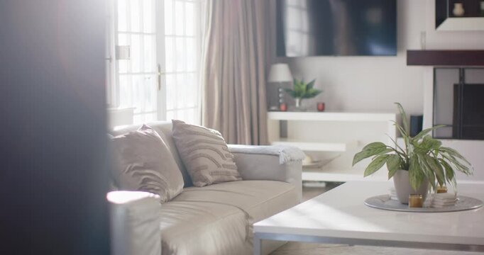 Camera is shifting right, revealing beige sofa, French doors in living room, letting daylight in