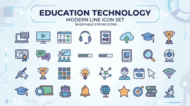 Education technology modern line icon set with 36 editable stroke symbols.