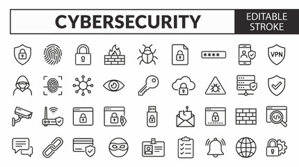 Cybersecurity editable stroke icon set with 36 line icons for digital protection. © icon_vectors