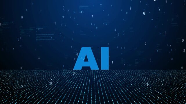 Futuristic AI machine learning concept, abstract big data visualization with falling binary numbers and matrix grid.