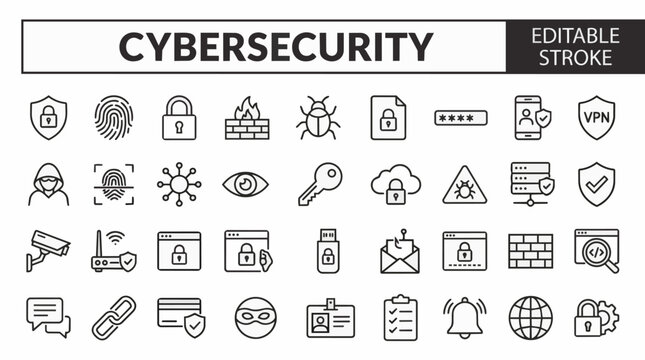 Cybersecurity editable stroke icon set with 36 line icons for digital protection.