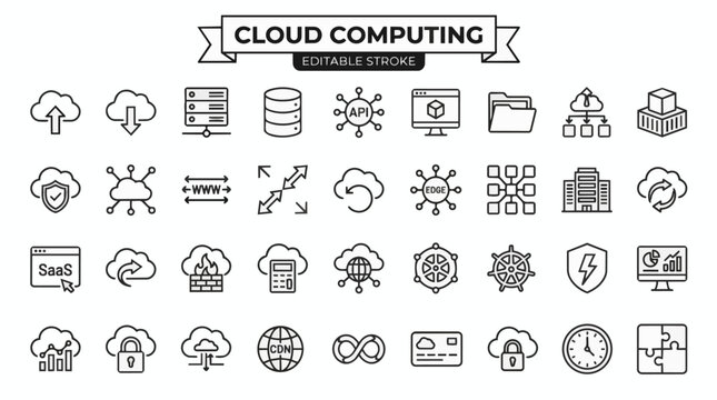 Cloud computing editable stroke icon set with 36 line icons for digital services.