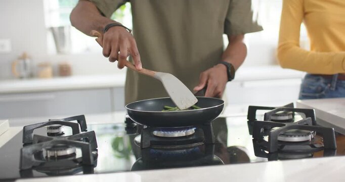 Couple in kitchen African American man stirring veggies in pan over lit gas flame, preparing meal