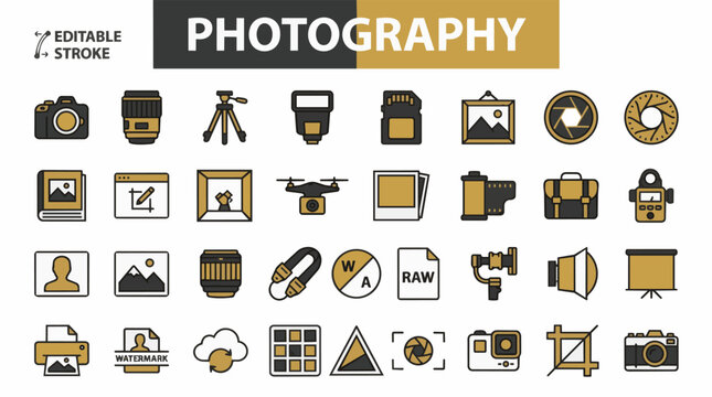Photography equipment and accessories outline icons set for website and apps.