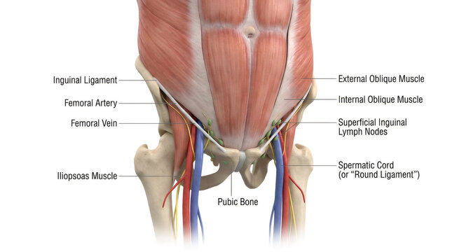 Medical illustration of human inguinal region anatomy with labeled muscles and vessels