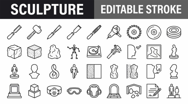 Sculpture tool icons set featuring chisels clay modeling and artistic creation equipment.