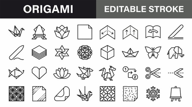 Origami paper craft icons set with folding instructions and various folded animal shapes.