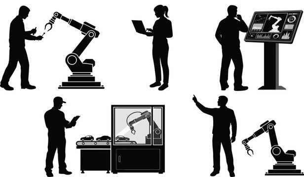 Industrial automation silhouettes featuring robotic arms engineers and smart manufacturing control systems
