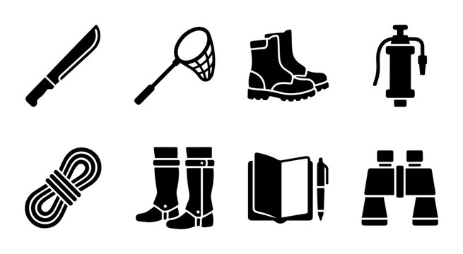 Outdoor Adventure Gear Icons: Machete, Net, Boots, Sprayer, Rope, Binoculars, Notebook