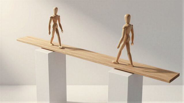 Two wooden figures walk a narrow plank balanced on white blocks.
