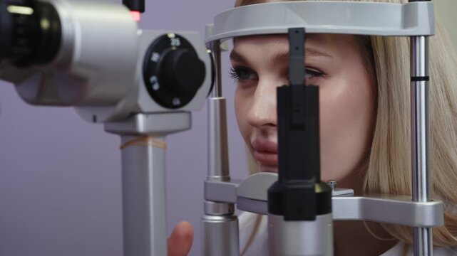 Caucasian female eye care professional examines patients eye using slit lamp in a clinical setting, with medical equipment and soft lighting visible in the background