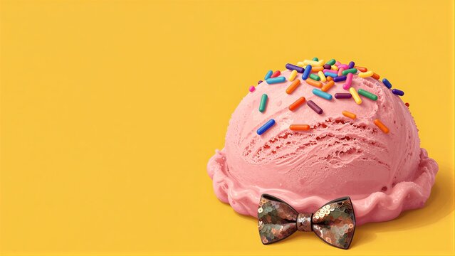 Pink ice cream with colorful sprinkles and a sequined bow on yellow background.