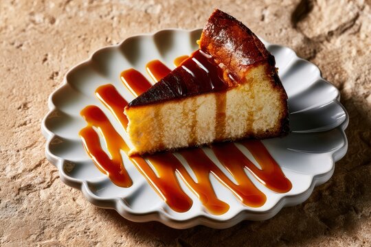 A slice of burnt basque cheesecake served on a white scalloped plate, drizzled with sweet amber caramel sauce on a rustic stone background.