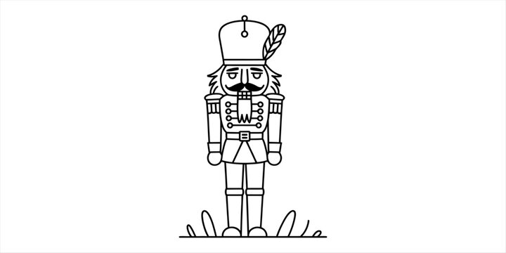 Simple line art drawing of a classic christmas nutcracker soldier toy standing in a traditional uniform with a tall hat and decorative feather detail
