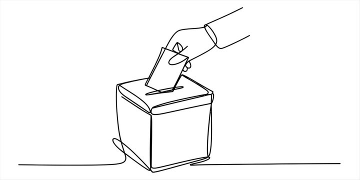 Continuous single line drawing of a hand putting a paper ballot into a voting box for election concept