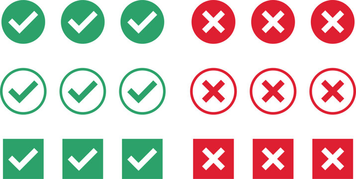 Green tick and red cancel signs set for verification feedback interfaces vector