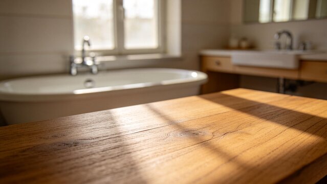 Wooden table in a bathroom with sunlight