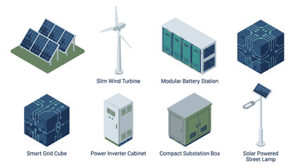 Collection of isometric renewable energy and smart grid technology icons, including solar panels, wind turbine, battery station, inverter, substation, and street lamp. © Imam