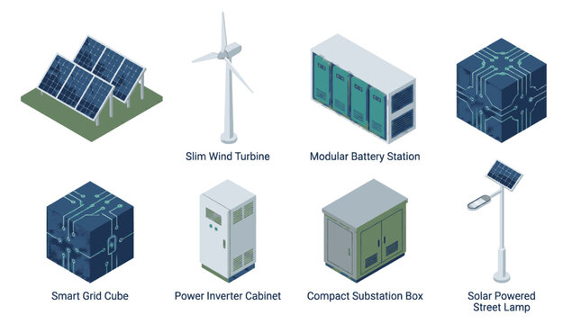 Collection of isometric renewable energy and smart grid technology icons, including solar panels, wind turbine, battery station, inverter, substation, and street lamp.