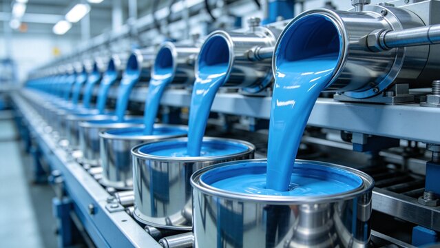 Blue paint filling cans on assembly line