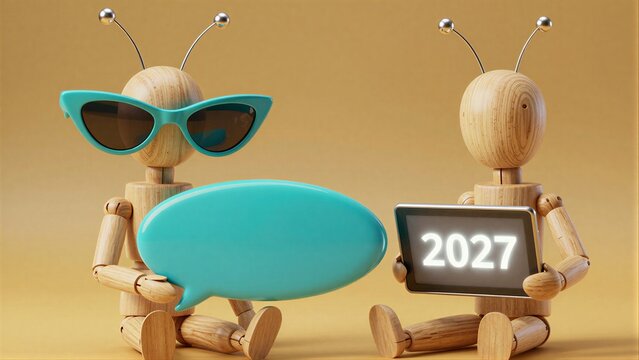 Two wooden alien figures, one with sunglasses and a speech bubble, the other holding '2027'.