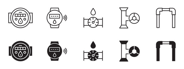 Fototapeta premium Water Meter Icon Set, Fluid Flow Gauge and Plumbing Pipeline Utility Measure Vector Symbols