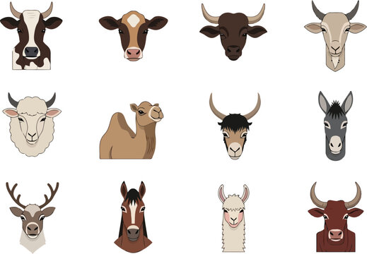 Set of Cartoon Farm and Wild Animal Head Icons Isolated on White Background