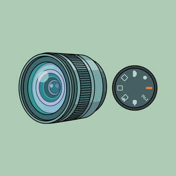 A stylized illustration of a camera lens and a mode dial