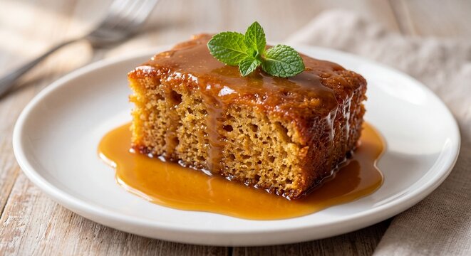 A delicious slice of sticky toffee pudding cake served on a white plate with fresh mint garnish.