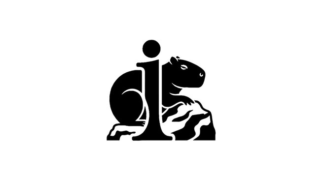 Black and white illustration of a squirrel on a rock.