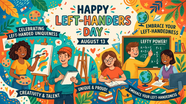 Left Handers Day, Celebrating Left-Handed People, Handedness Awareness, Colorful Illustration