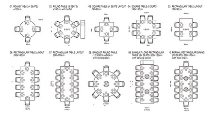 Architectural floor plan icons of table layouts, set of 10 dining furniture arrangements for interior design, banquet and restaurant seating symbols © Muhammad
