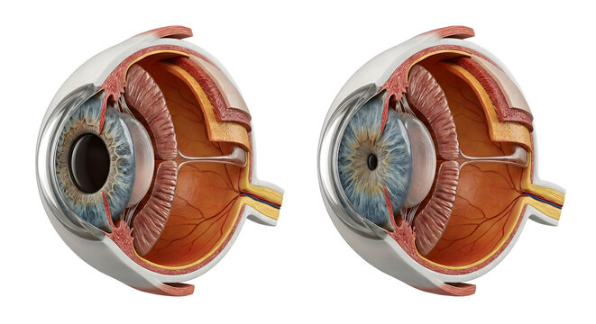 3D Scientific Render of Human Eye Cross-Section Comparing Pupil Dilation and Constriction, Suitable for Science Education, Isolated on a White Background