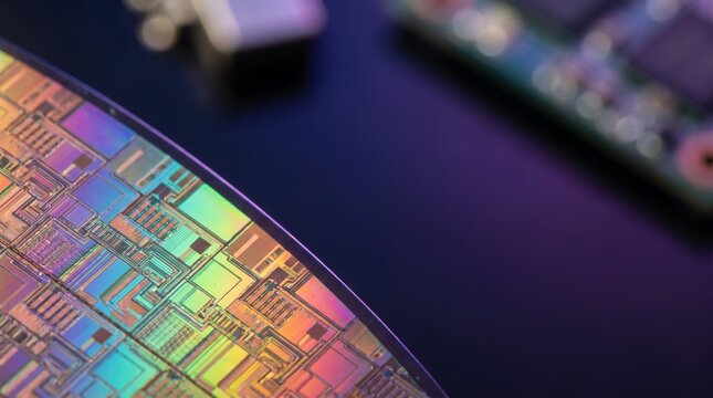 Detailed silicon wafer with iridescent circuit patterns glowing under soft purple lighting captured in a close up macro photography shot
