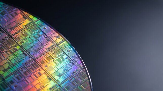 Silicon wafer showing intricate integrated circuit patterns with vibrant rainbow diffraction colors captured in a high resolution macro studio photograph