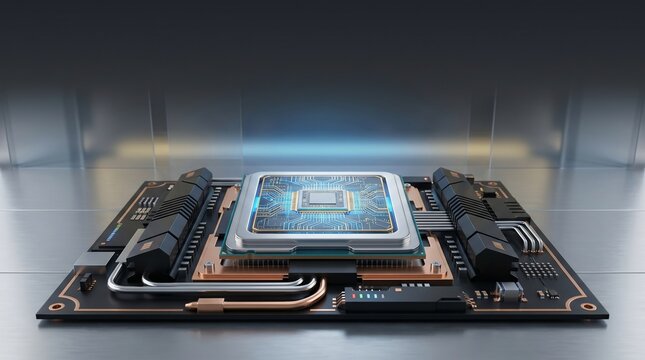 Advanced computer processor unit sits on a high performance motherboard with glowing blue circuitry lines and metallic copper heat pipes