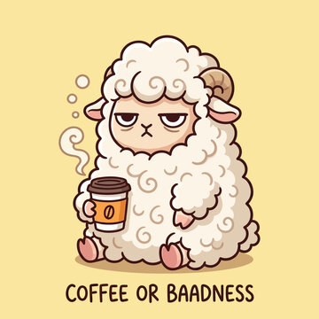 Cute sheep holding coffee cup.