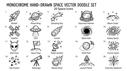 Set of twenty monochrome hand drawn space vector doodles and astronomy themed icons with astronomy astronaut satellite blackhole telescope futuristic universe exploration illustration © Kazi Imrul Kayes