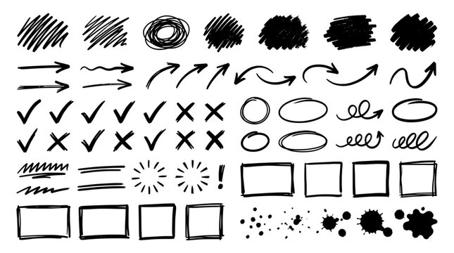Large collection of hand-drawn scribbles arrows frames marker highlights for layout design with scribbles highlights illustration collection elements abstract business presentation