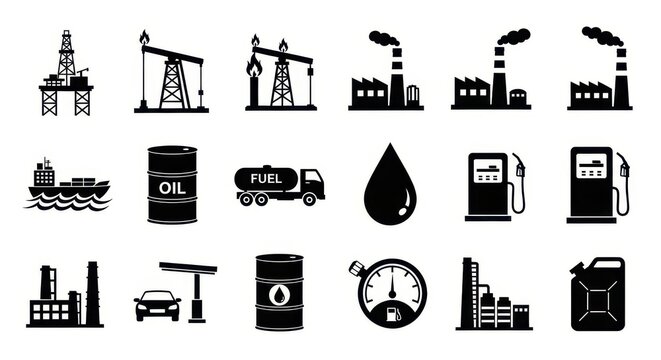 Comprehensive Set of Oil and Gas Industry Icons Featuring Refineries, Drilling Rigs, Fuel Pumps, and Transport Vehicles