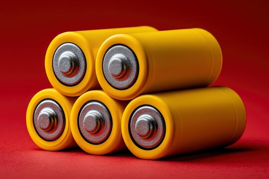 Stack of yellow AA batteries, close-up shot of cylindrical alkaline power cells arranged on a vibrant red background.