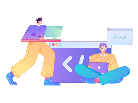 Programming teaching development flat character vector concept operation hand drawn illustration
