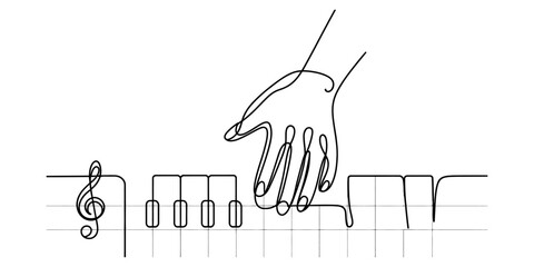 Continuous single line art drawing of a human hand playing piano keys with a musical treble clef note symbol in a minimalist modern style © Kanu Art_Gallery