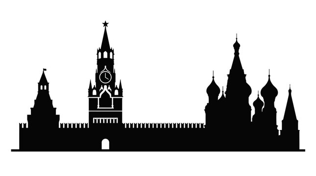 Black silhouette of the Moscow Kremlin and Saint Basil's Cathedral on Red Square, featuring iconic onion domes, the Spasskaya clock tower, and fortified walls against a white background.