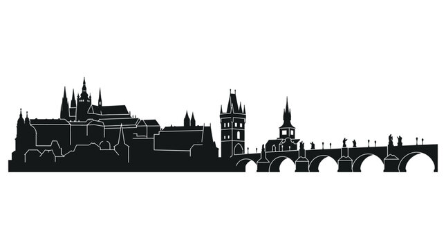 Black vector silhouette of Prague city skyline featuring the historic Charles Bridge with arches and statues, Prague Castle, and St. Vitus Cathedral spires against a solid white background.